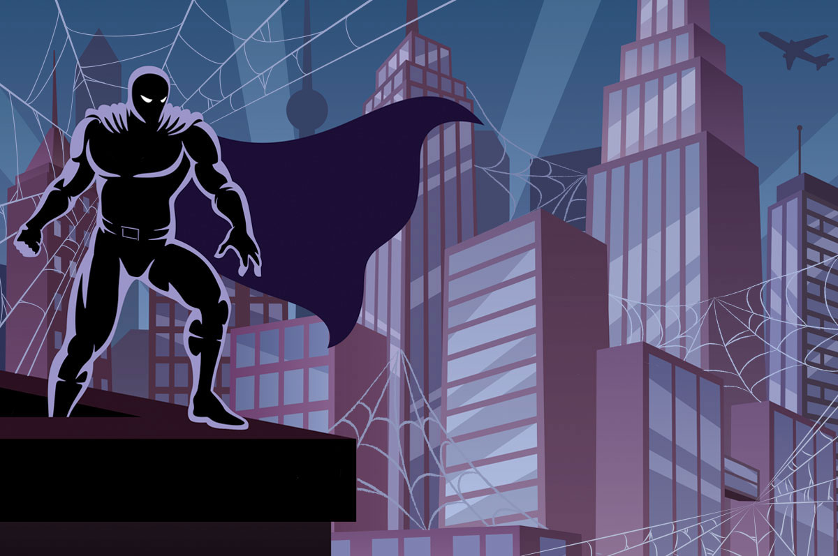 A hero, cape blowing, stands on a building in front of a city-scape covered in webs